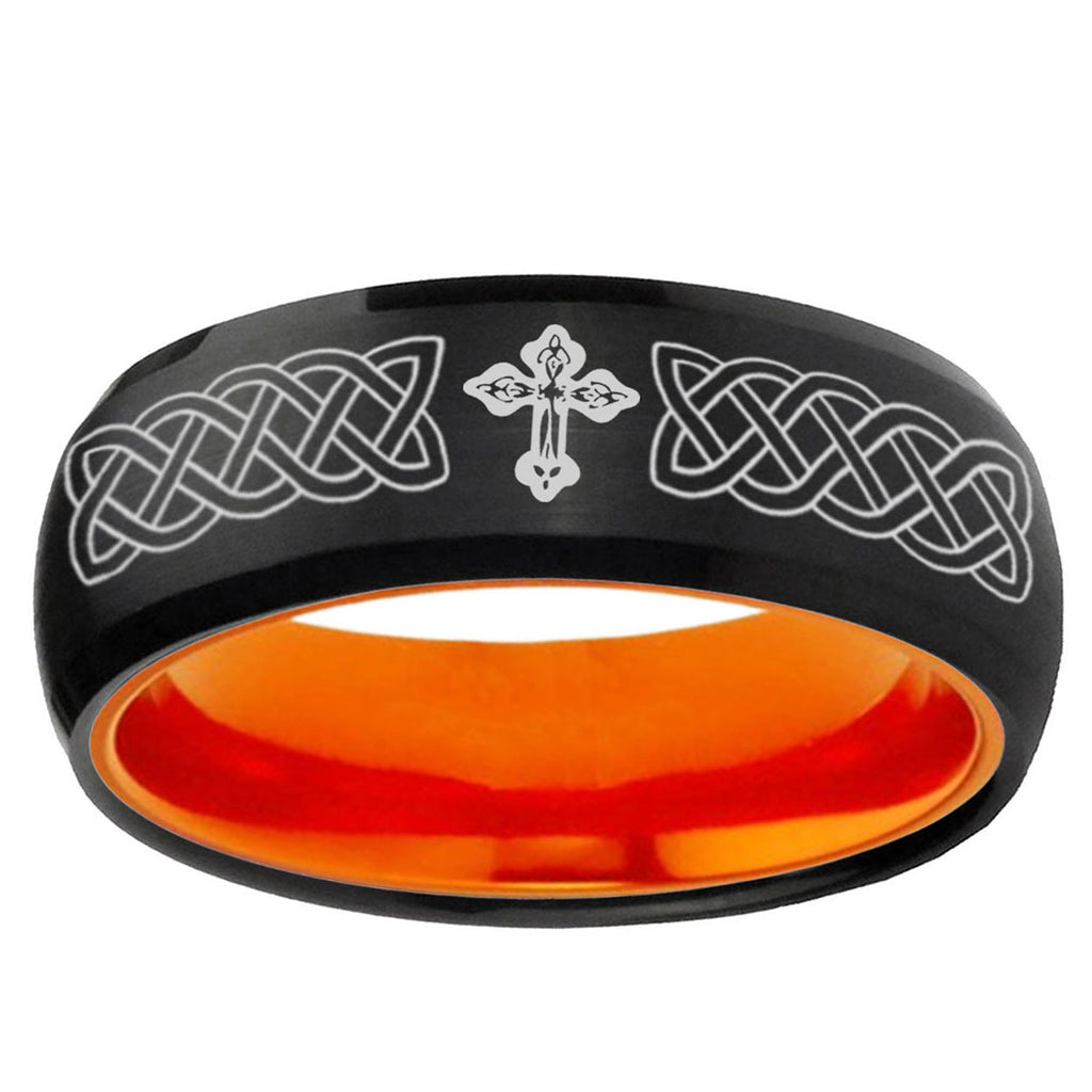 Celtic Cross Dome Black And Orange Tungsten Engraved Ring