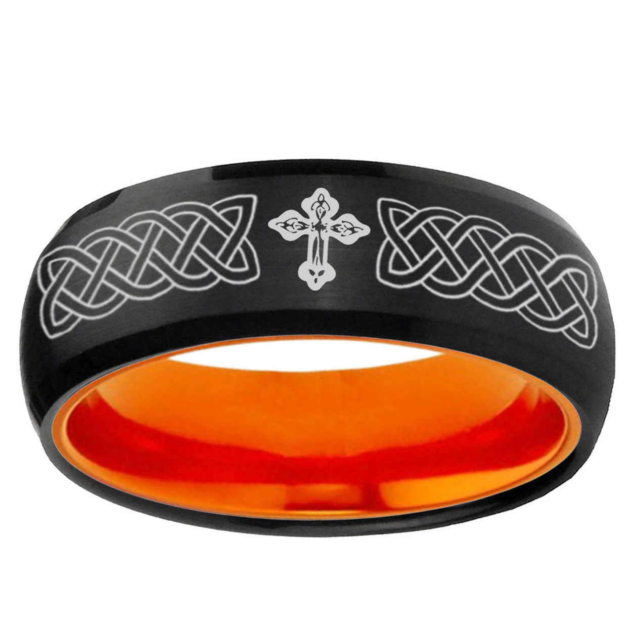 Celtic Cross Dome Black And Orange Tungsten Engraved Ring