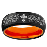 Celtic Cross Dome Black And Orange Tungsten Carbide Engraved Ring