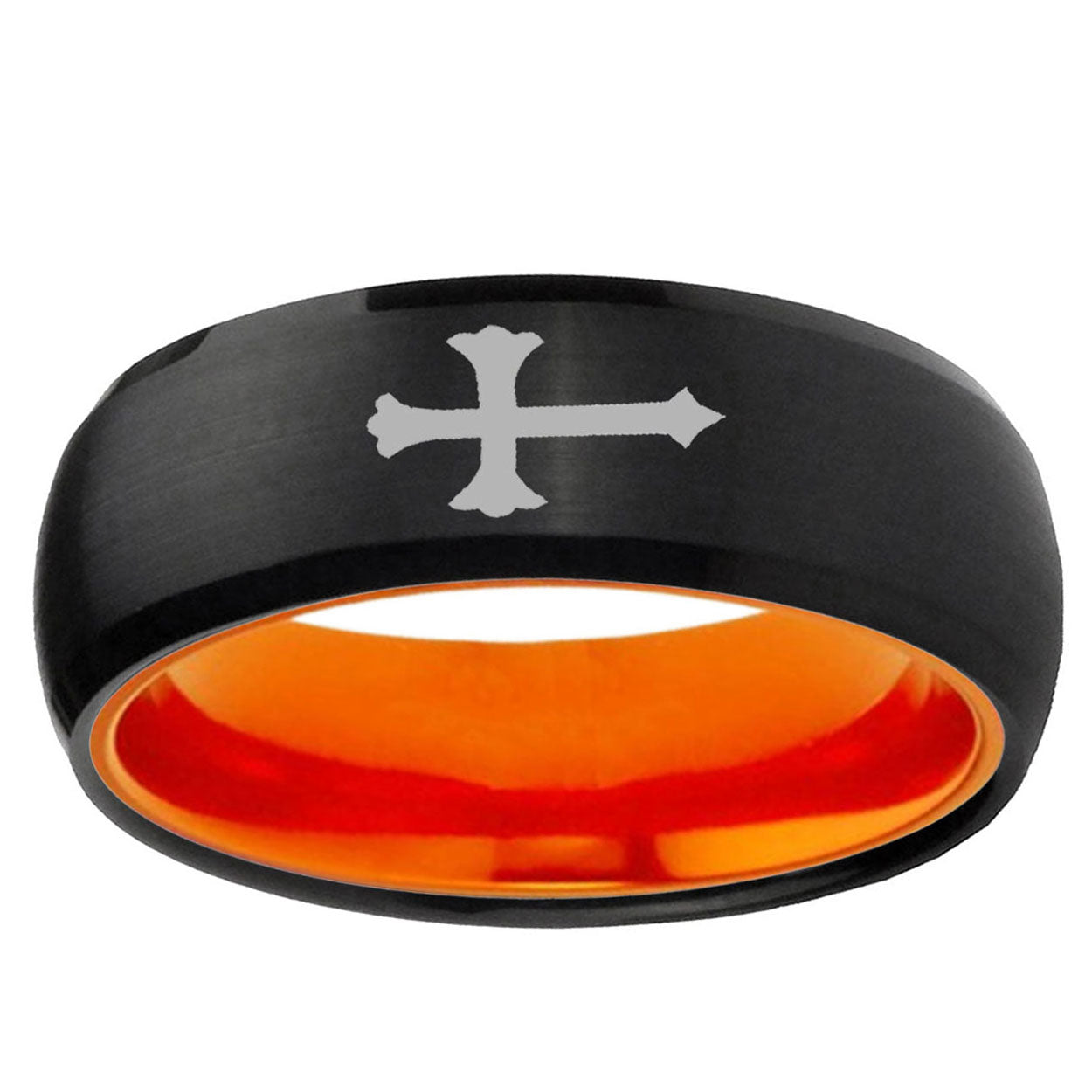 Christian Cross Dome Black Orange Tungsten Engagement Band