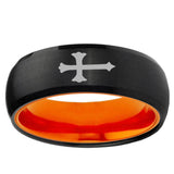Christian Cross Dome Black And Orange Tungsten Men's Engagement Band