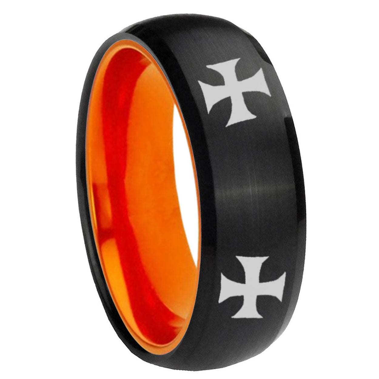 8mm 4 Maltese Cross Dome Black And Orange Tungsten Bands Ring