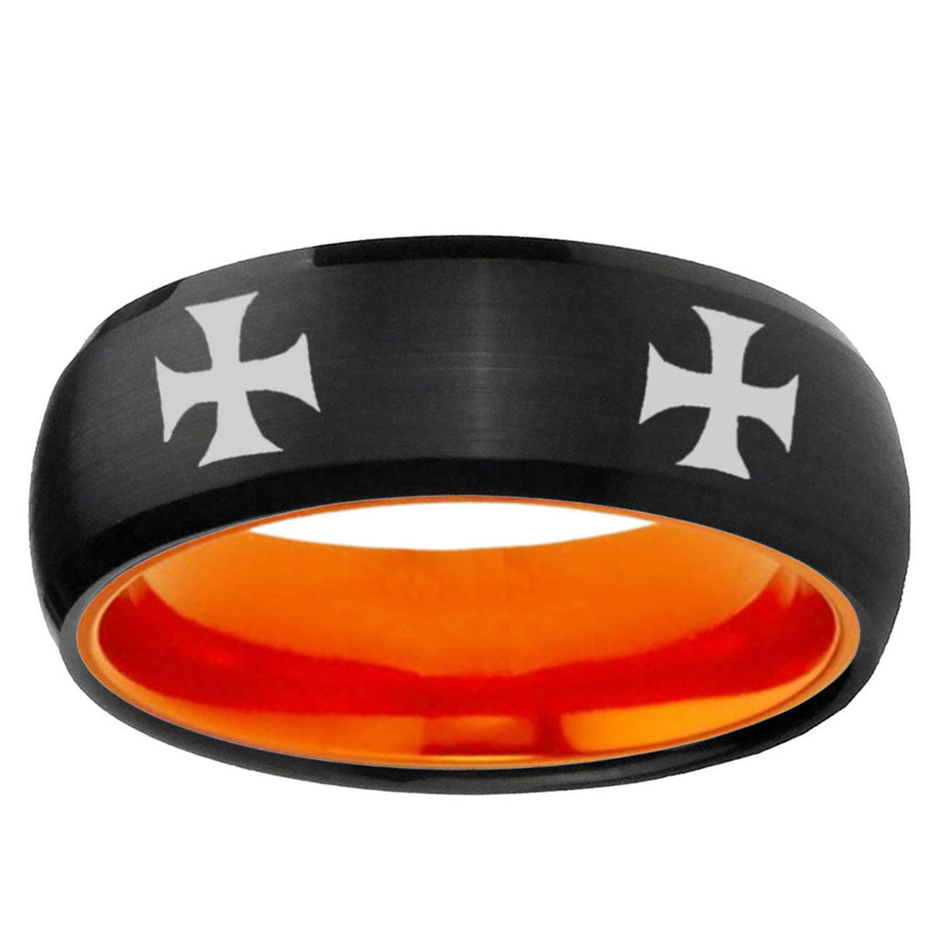 4 Maltese Cross Dome Black And Orange Tungsten Bands Ring