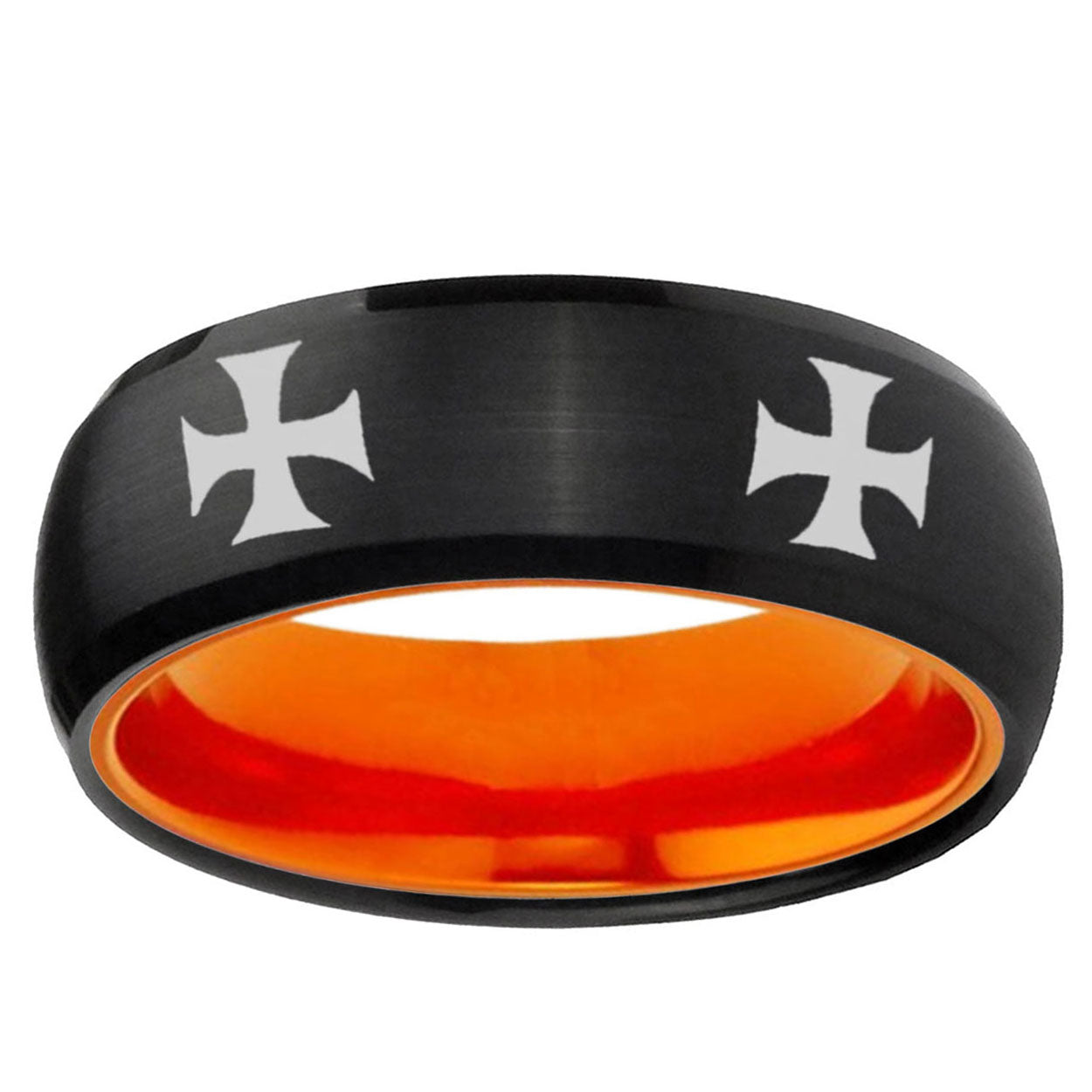 4 Maltese Cross Dome Black And Orange Tungsten Bands Ring