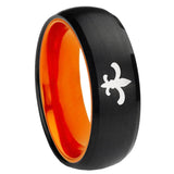 8mm Fleur-De-Lis Dome Black And Orange Tungsten Carbide Men's Ring Engraved