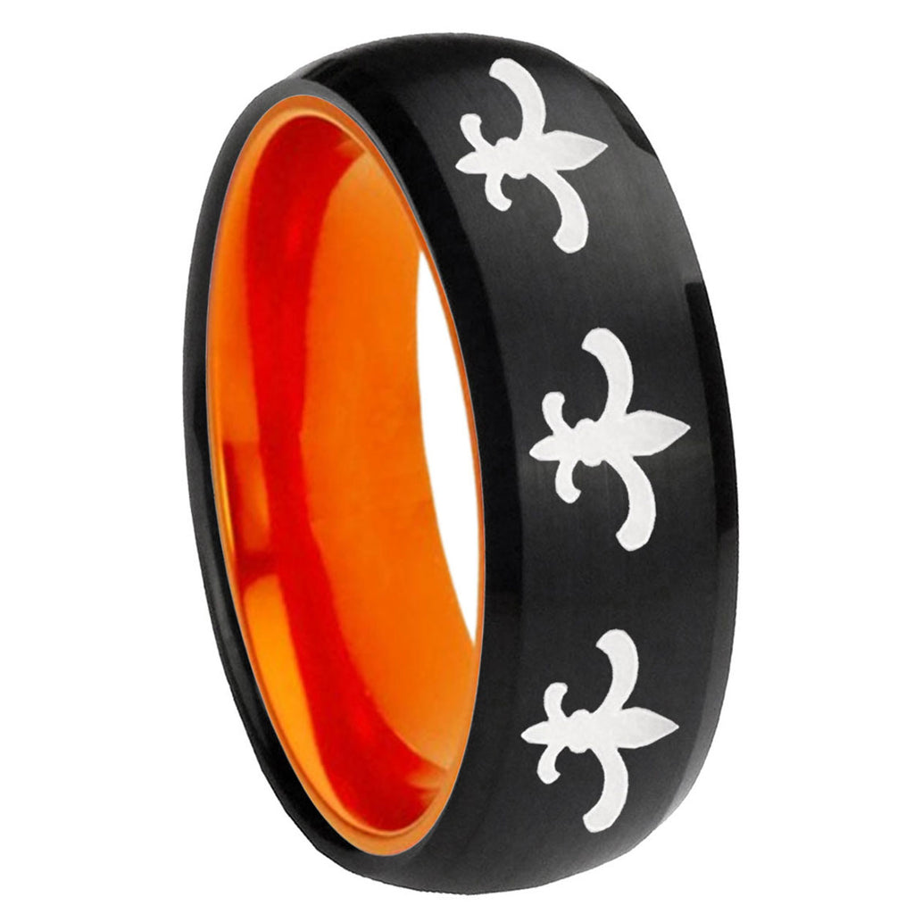 8mm Multiple Fleur-De-Lis Dome Black Orange Tungsten Ring