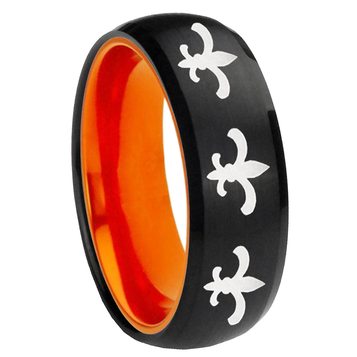 8mm Multiple Fleur-De-Lis Dome Black Orange Tungsten Ring