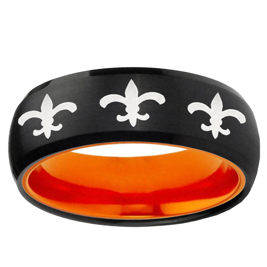 Multiple Fleur-De-Lis Dome Black Orange Tungsten Ring