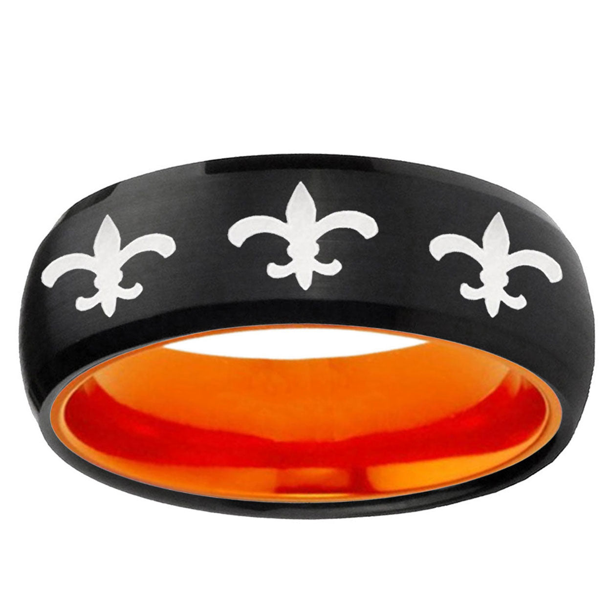 Multiple Fleur-De-Lis Dome Black Orange Tungsten Ring