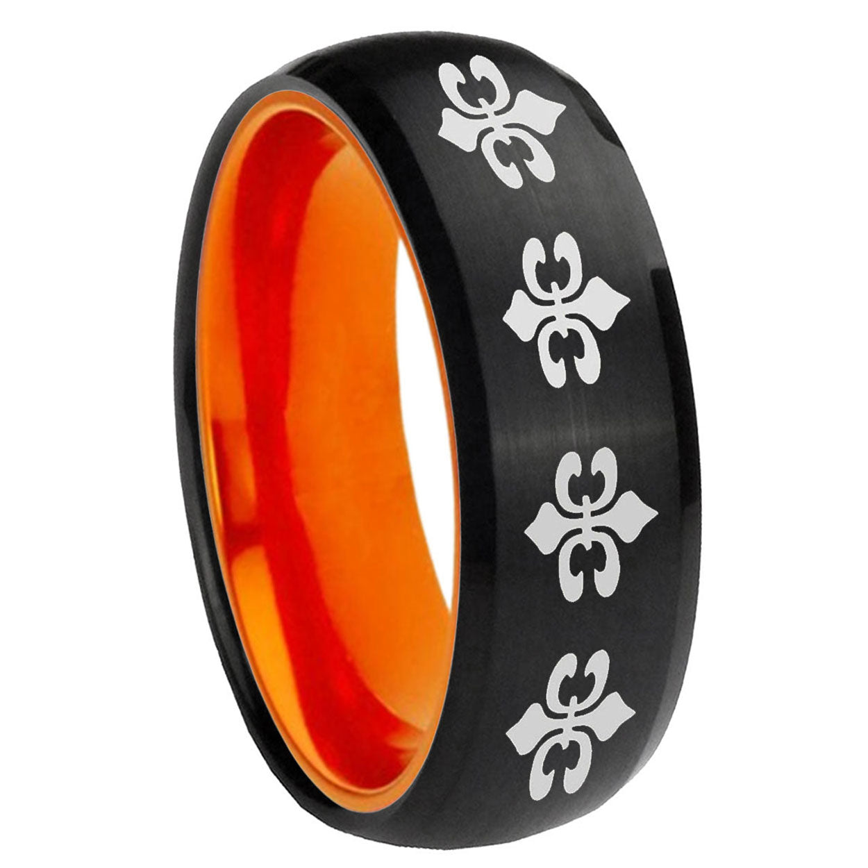 8mm Multiple Fleur-De-Lis Dome Black Orange Tungsten Mens Ring