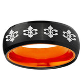 Multiple Fleur-De-Lis Dome Black And Orange Tungsten Men's Band Ring