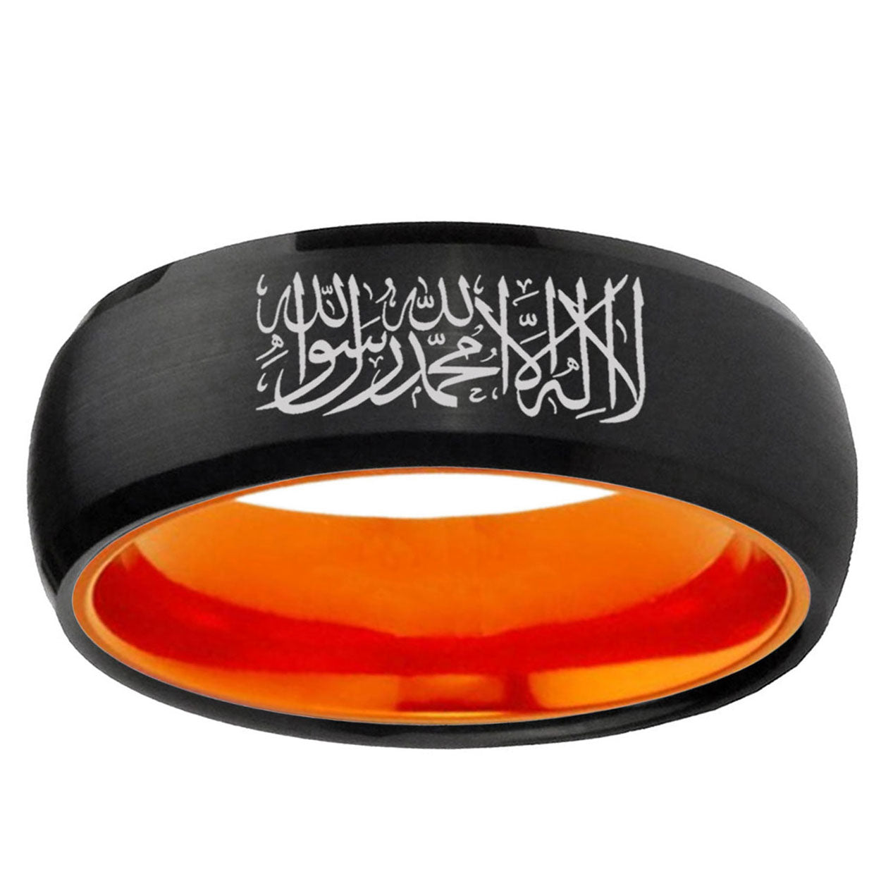 Islamic Shahada Dome Black And Orange Tungsten Men's Ring