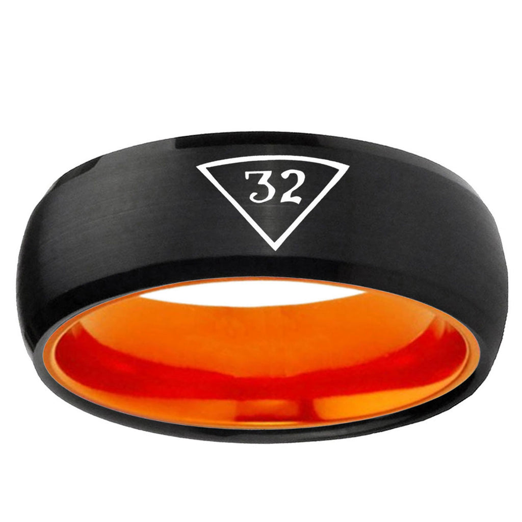 Masonic 32 Triangle Freemason Dome Black Orange Tungsten Ring