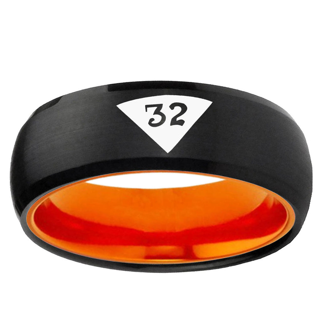 Masonic 32 Triangle Design Freemason Dome Black Orange Tungsten Ring