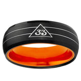Masonic 32 Duo Line Freemason Dome Black And Orange Tungsten Carbide Custom Men's Ring