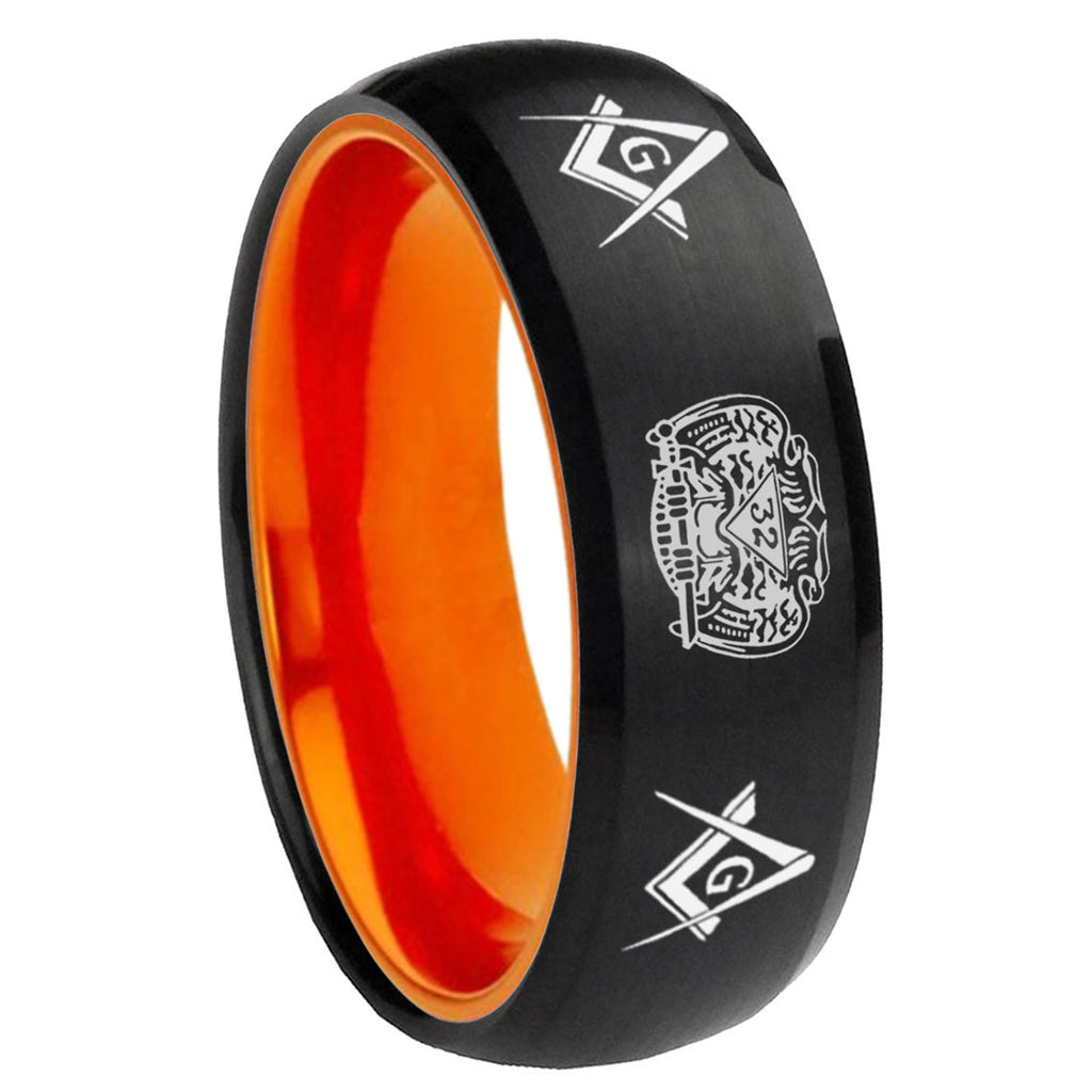 8mm Masonic 32 Design Dome Black Orange Tungsten Promised Ring
