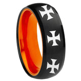 8mm Multiple Maltese Cross Dome Black And Orange Tungsten Men's Wedding Ring