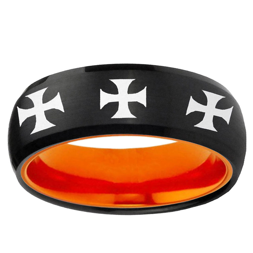 Multiple Maltese Cross Dome Black And Orange Tungsten Ring