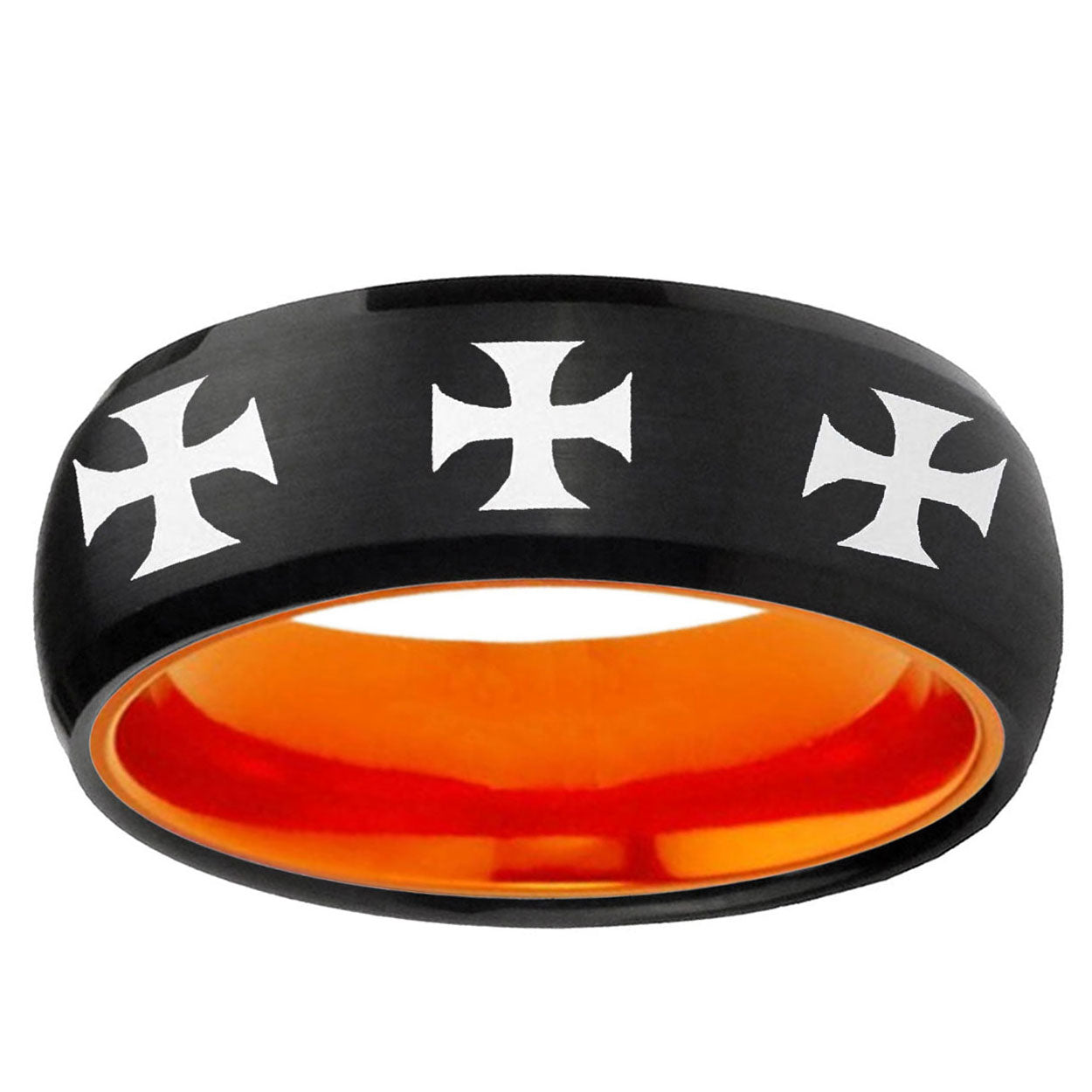 Multiple Maltese Cross Dome Black And Orange Tungsten Ring