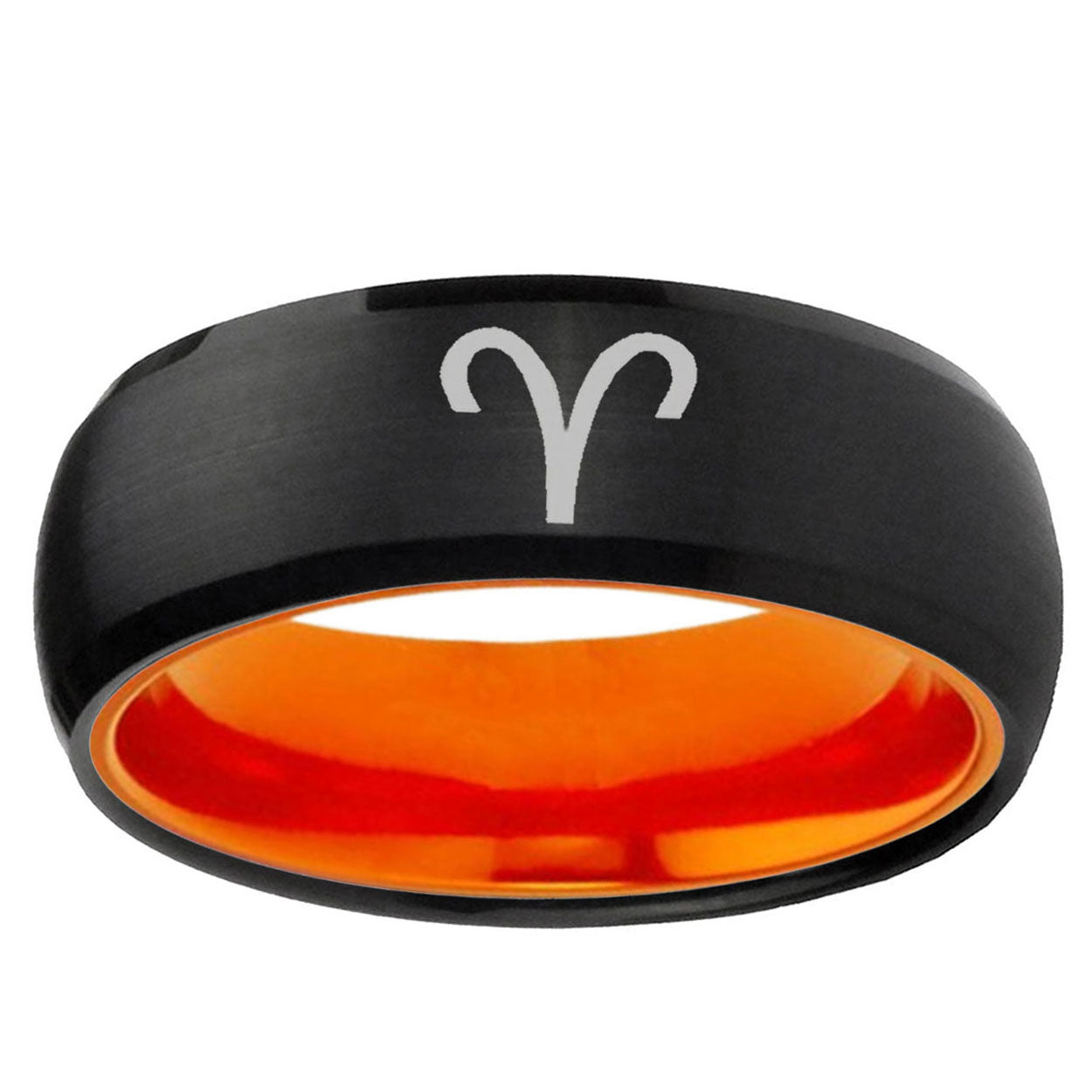 Aries Zodiac Dome Black And Orange Tungsten Wedding Band