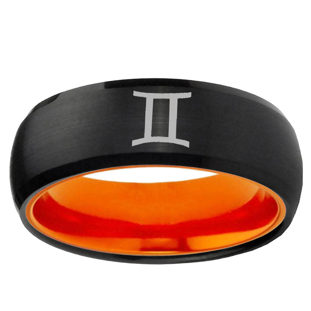 Gemini Zodiac Dome Black And Orange Tungsten Engraved Ring