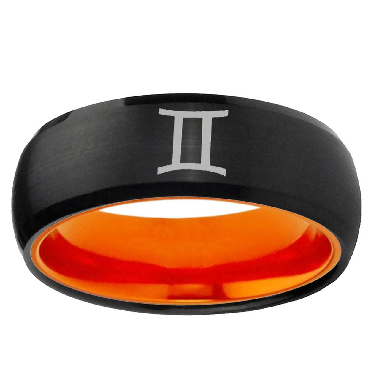 Gemini Zodiac Dome Black And Orange Tungsten Engraved Ring