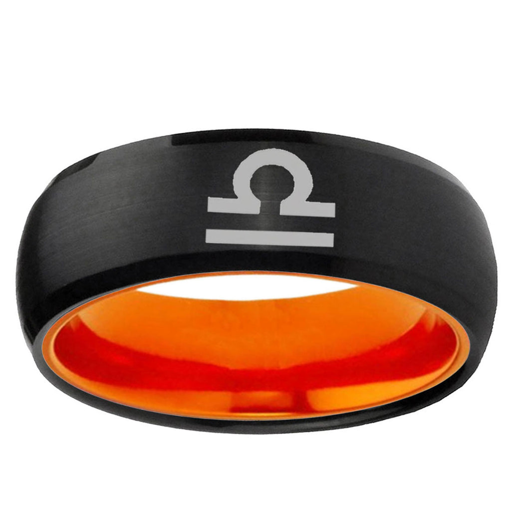 Libra Horoscope Dome Black And Orange Tungsten Bands Ring