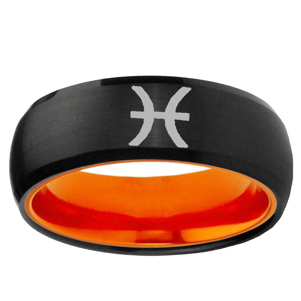 Pisces Zodiac Dome Black And Orange Tungsten Custom Ring