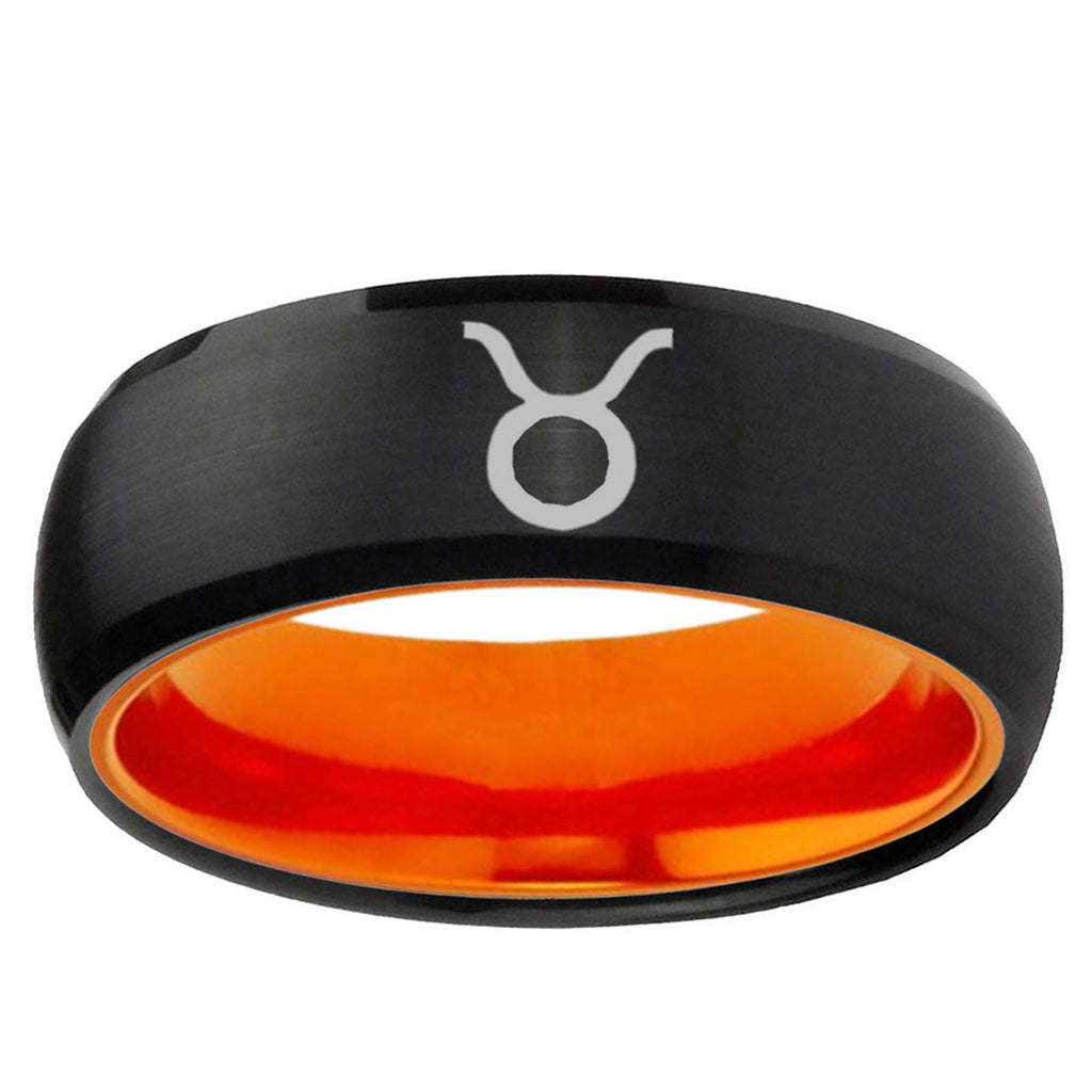 Taurus Horoscope Dome Black Orange Tungsten Engraved Ring