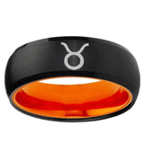 Taurus Horoscope Dome Black And Orange Tungsten Carbide Engraved Ring