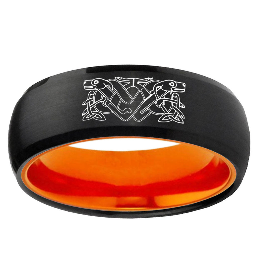 Celtic Dog Dome Black And Orange Tungsten Mens Wedding Ring