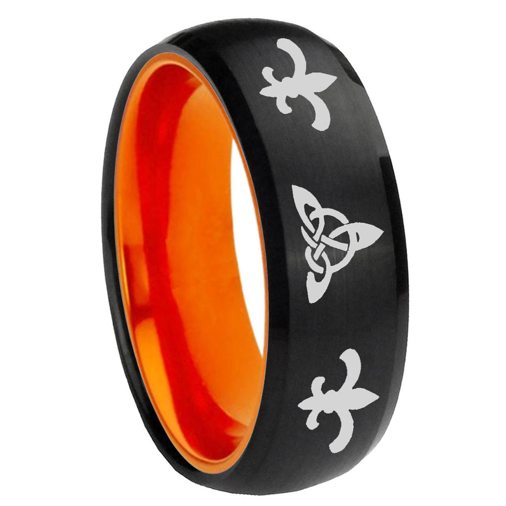 8mm Celtic Triangle Fleur-De-Lis Dome Black Orange Tungsten Ring