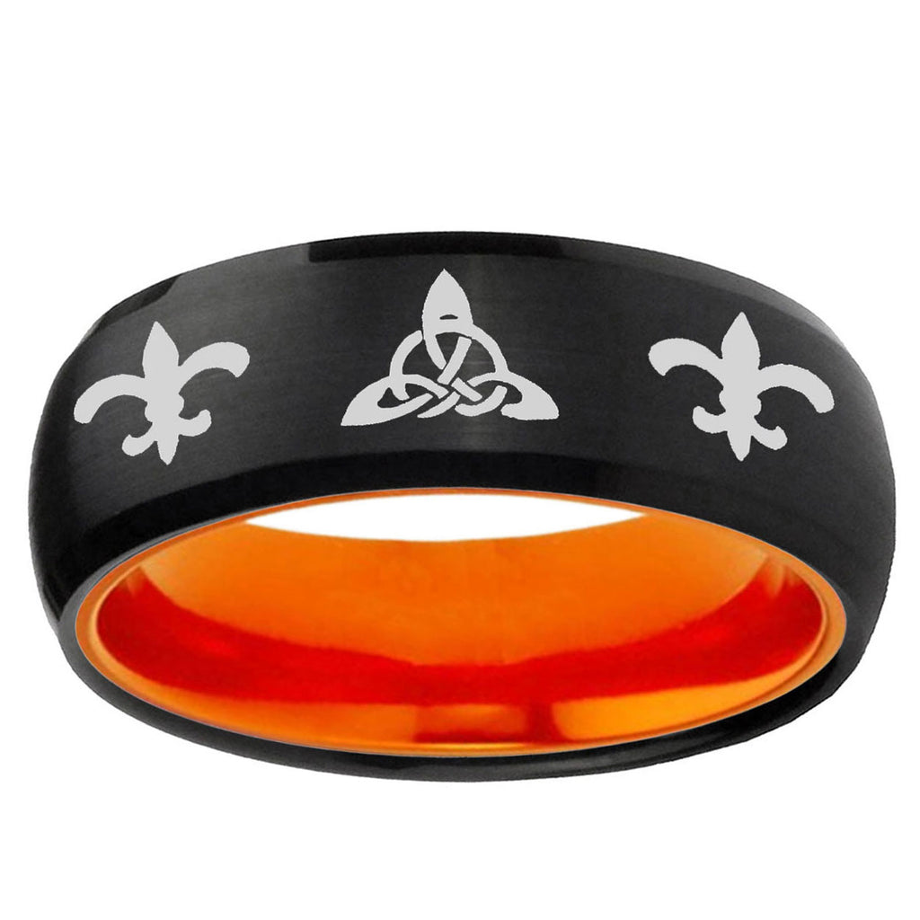 Celtic Triangle Fleur-De-Lis Dome Black Orange Tungsten Ring