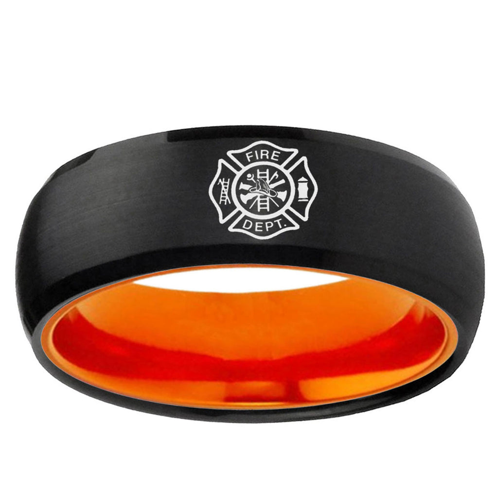 Fire Department Dome Black And Orange Tungsten Ring