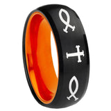 8mm Fish & Cross Dome Black And Orange Tungsten Carbide Wedding Band Men's