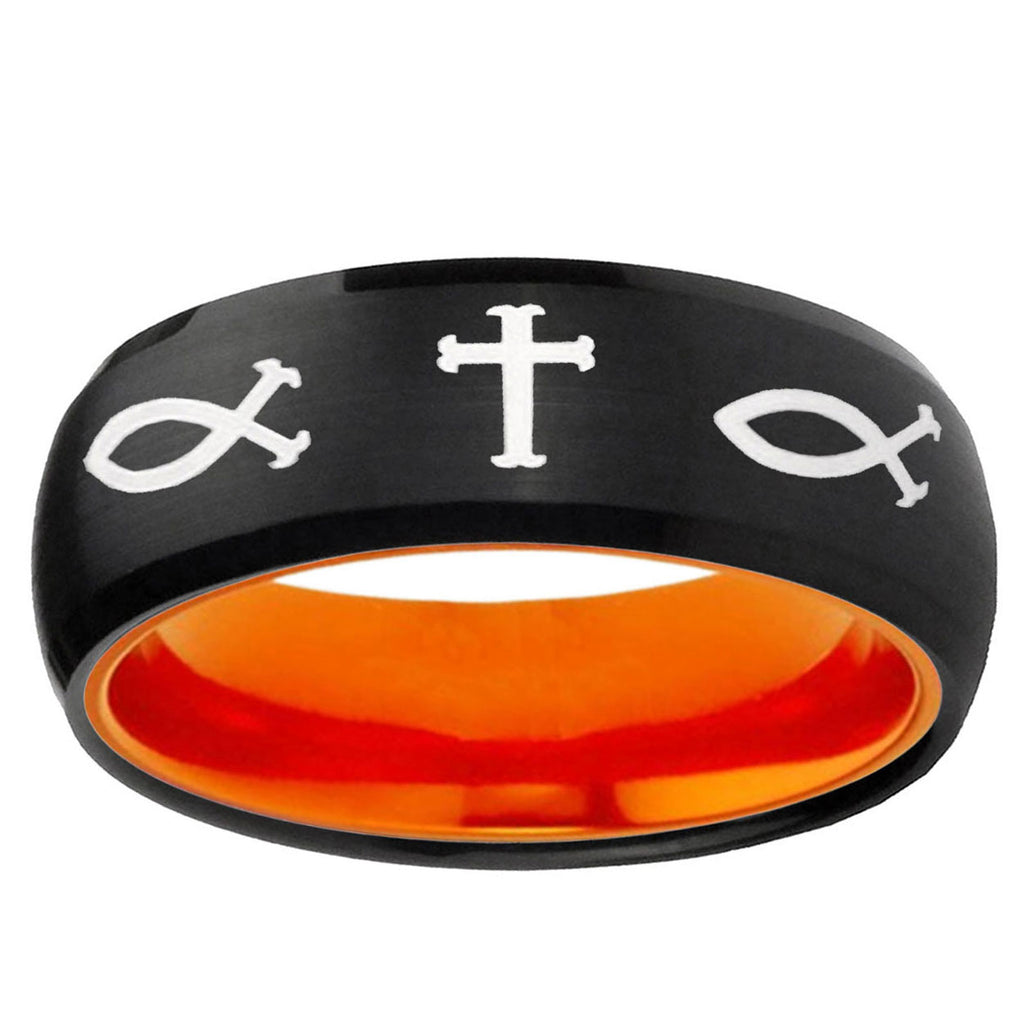 Fish & Cross Dome Black And Orange Tungsten Wedding Band