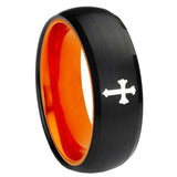 8mm Flat Christian Cross Dome Black And Orange Tungsten Custom Ring