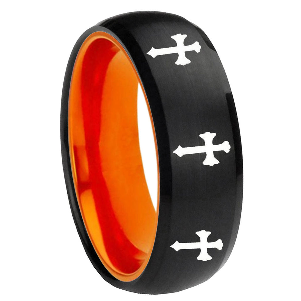 8mm Multiple Christian Cross Dome Black Orange Tungsten Ring