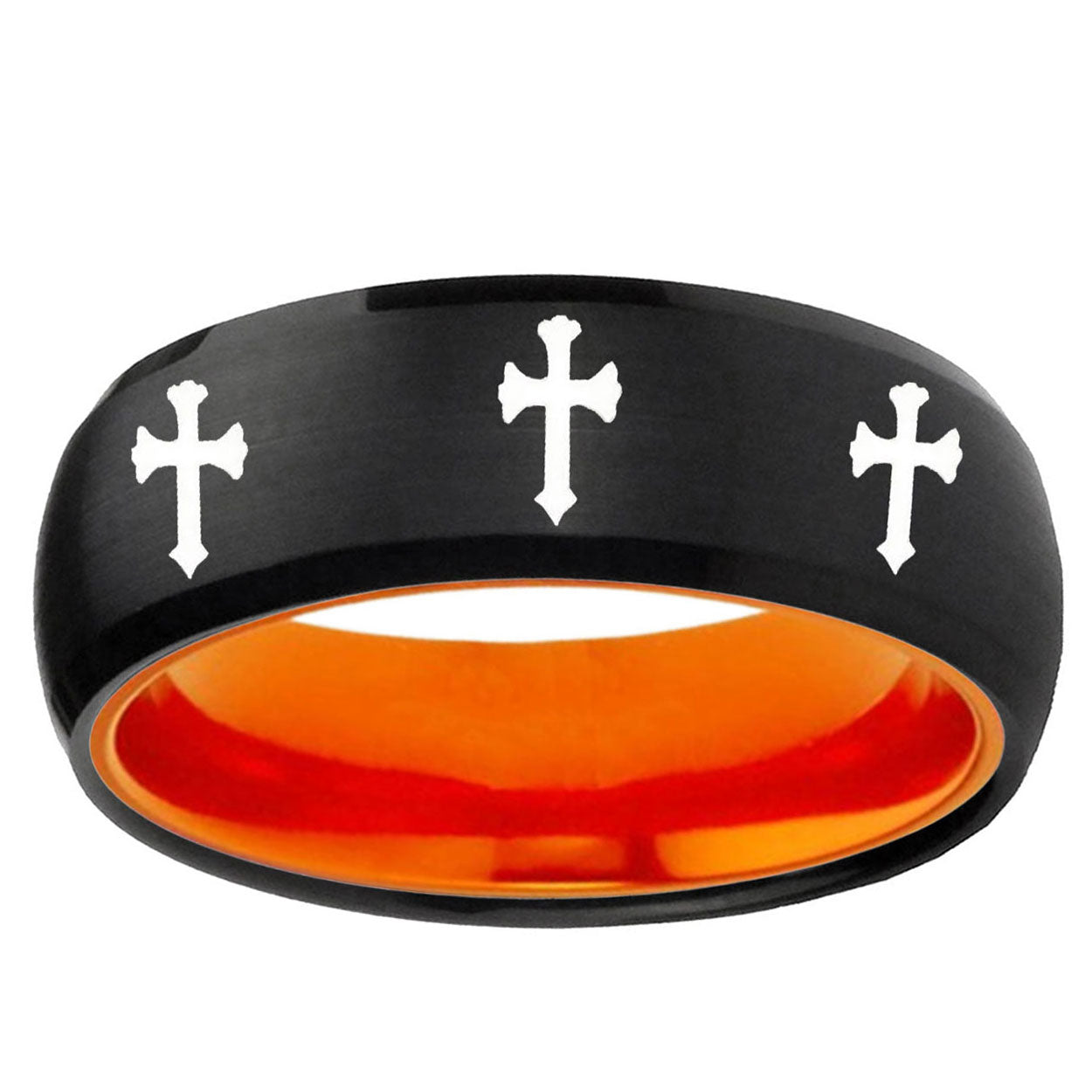 Multiple Christian Cross Dome Black Orange Tungsten Ring