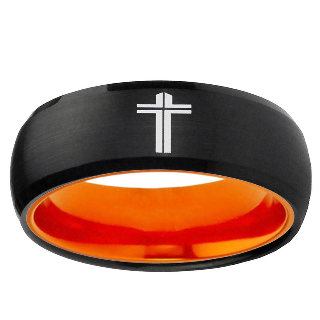 Flat Christian Cross Dome Black Orange Tungsten Ring