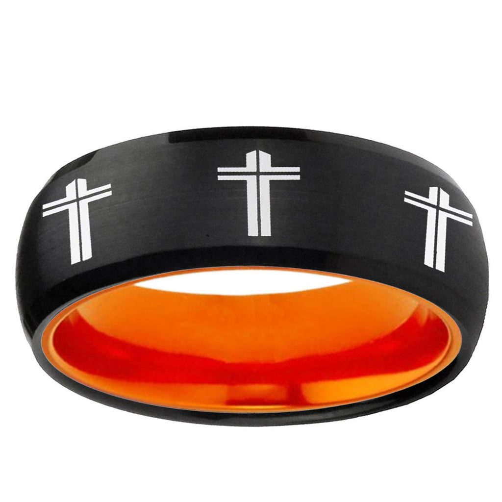 Multiple Christian Cross Dome Black Orange Tungsten Ring