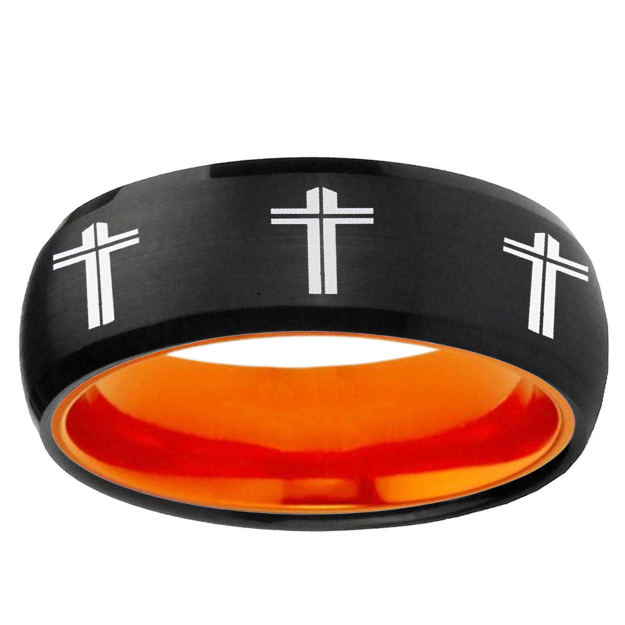 Multiple Christian Cross Dome Black Orange Tungsten Ring