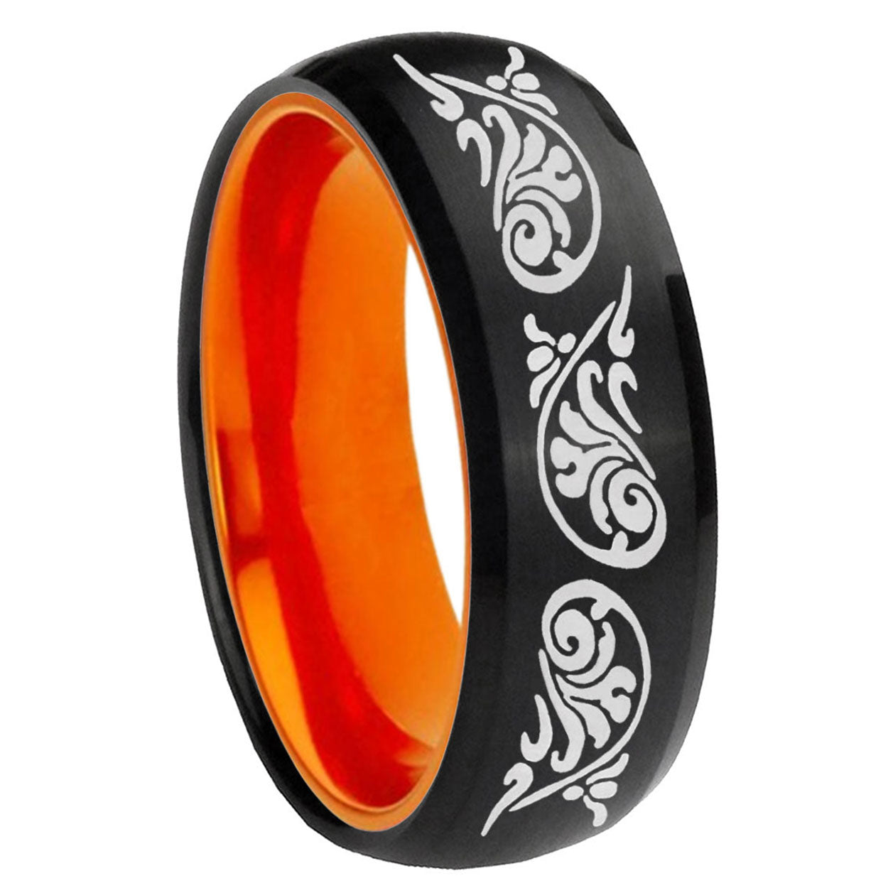 8mm Etched Tribal Pattern Dome Black Orange Tungsten Ring