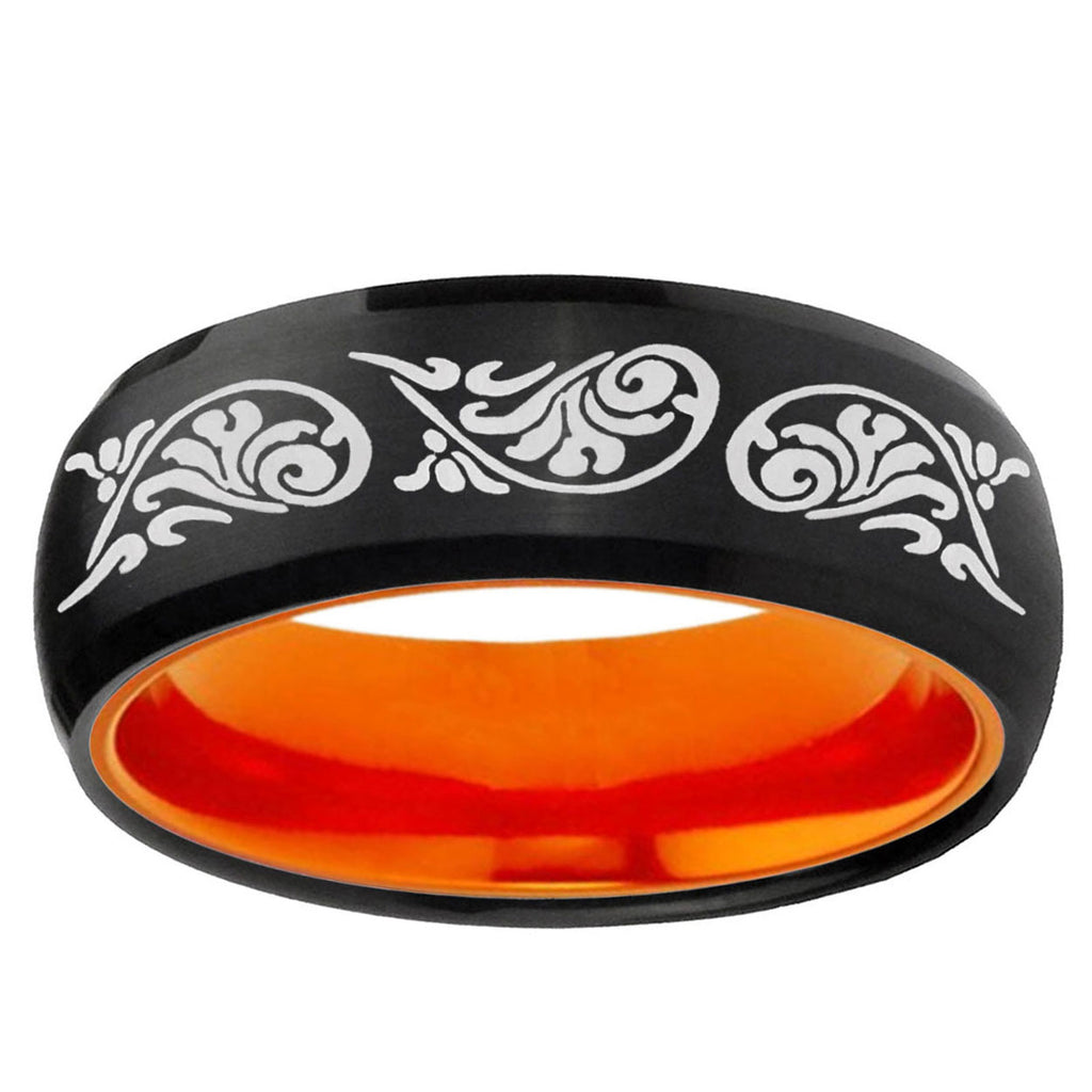 Etched Tribal Pattern Dome Black Orange Tungsten Ring