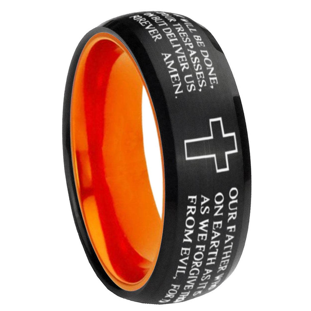 8mm Etched Lord's Prayer Cross Dome Black Orange Tungsten Ring