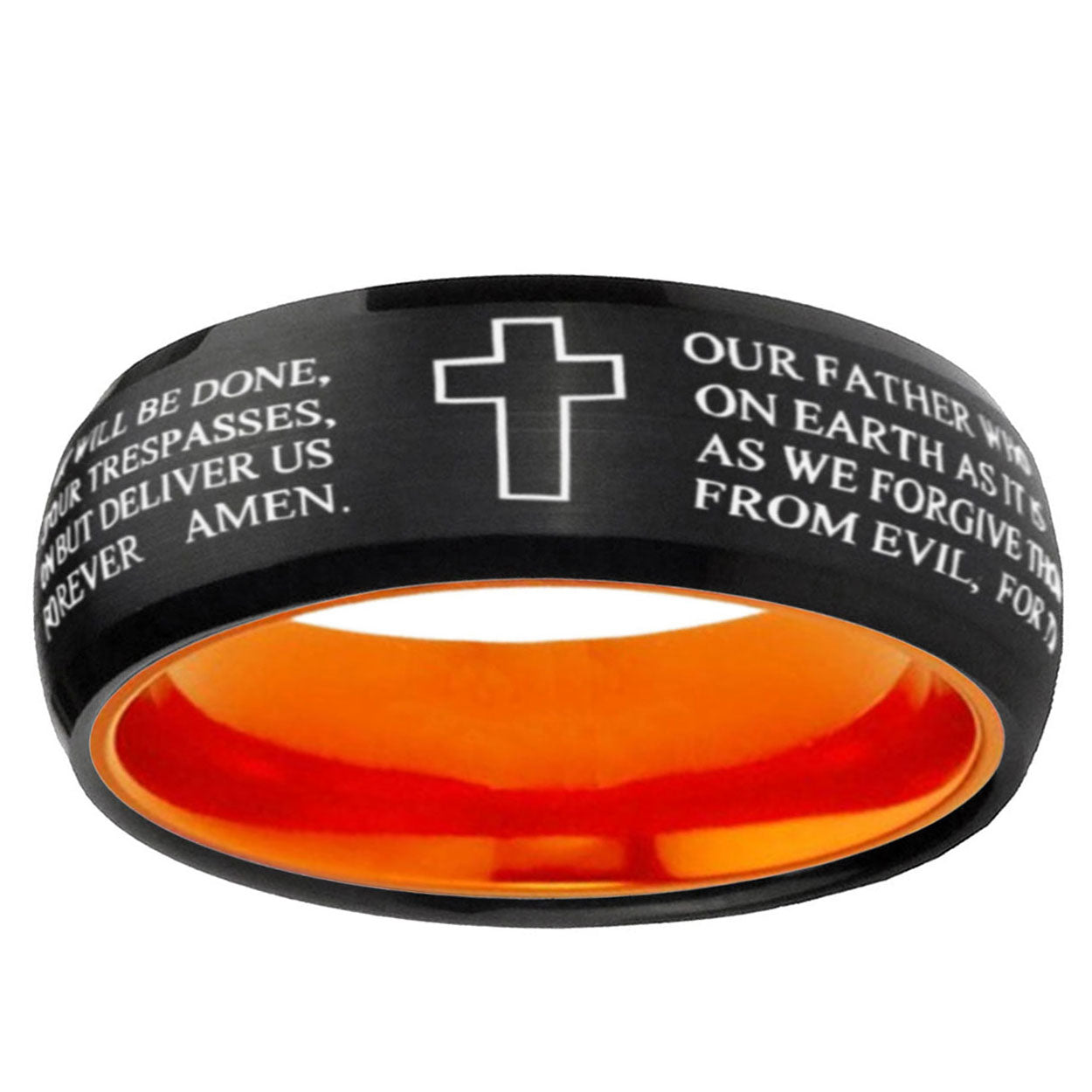 Etched Lord's Prayer Cross Dome Black Orange Tungsten Ring