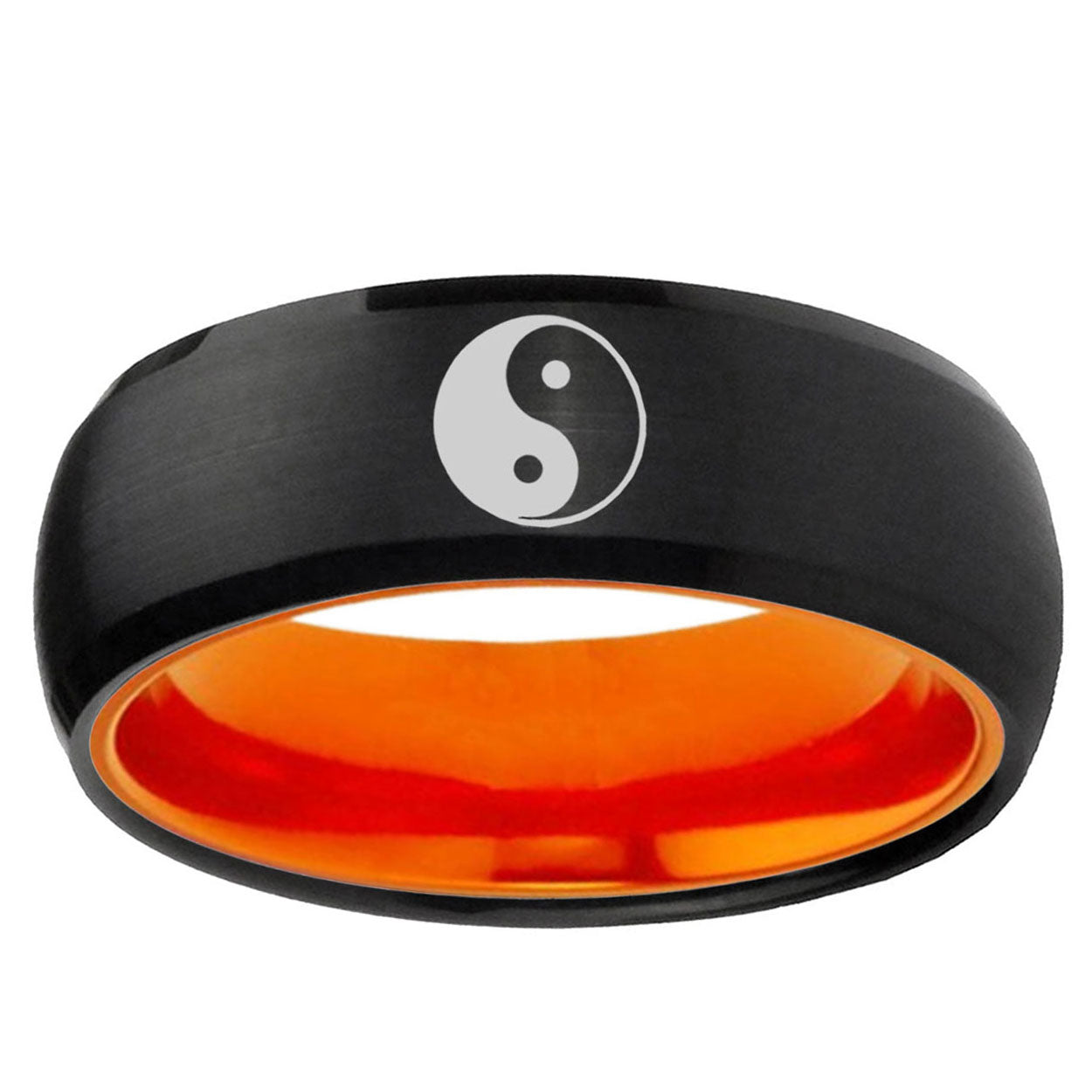 Yin Yang Dome Black And Orange Tungsten Personalized Ring