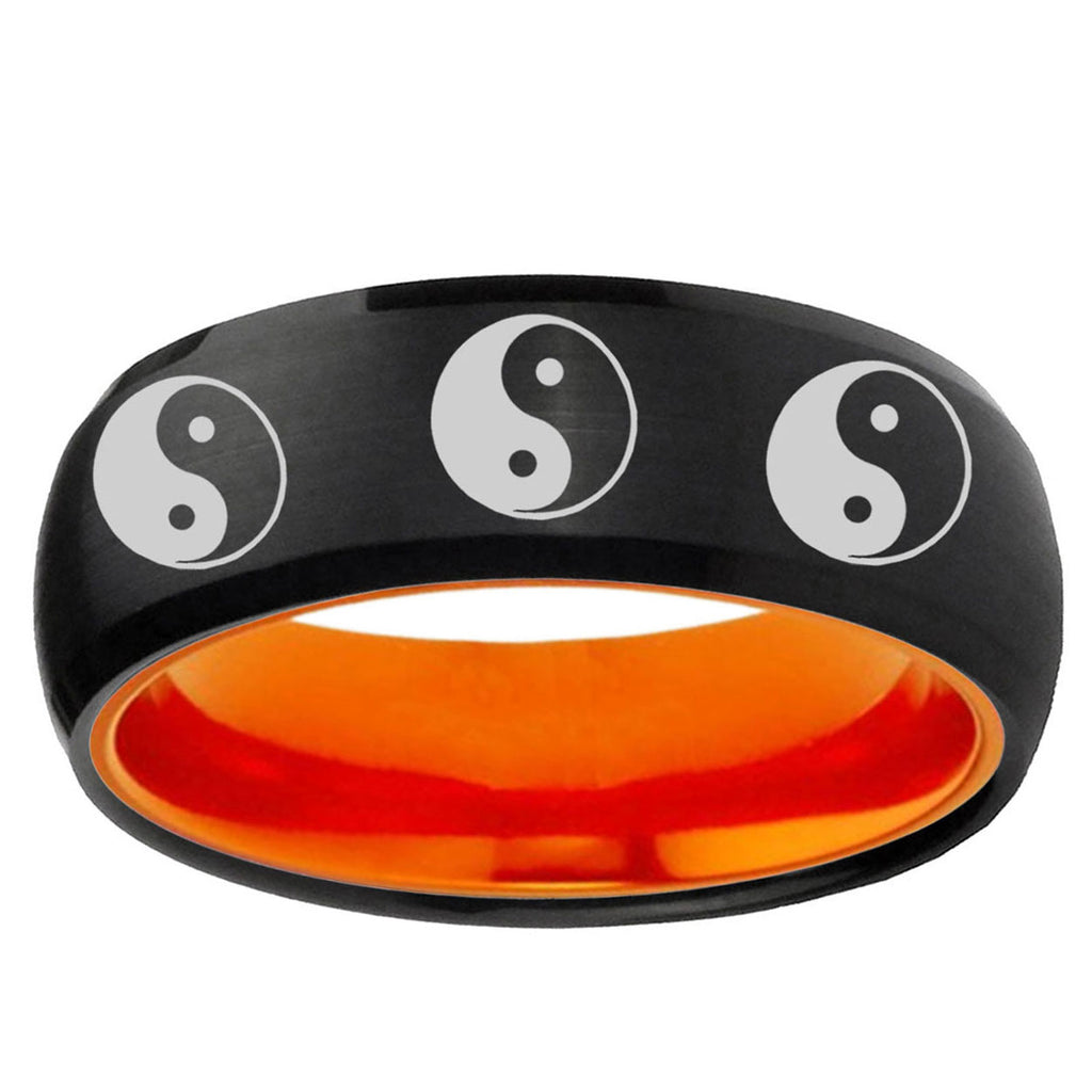 Multiple Yin Yang Dome Black Orange Tungsten Promise Ring