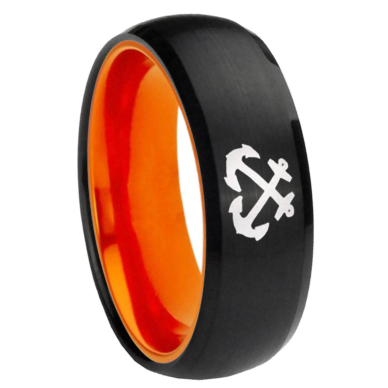 8mm Anchor Dome Black And Orange Tungsten Wedding Band Ring