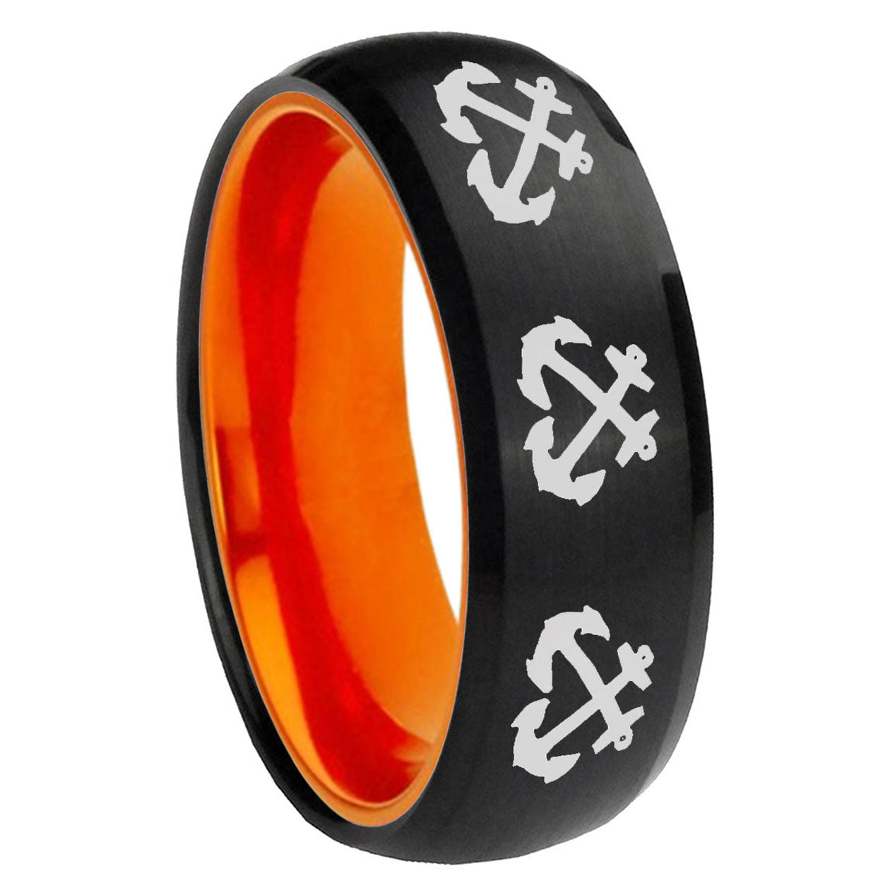 8mm Multiple Anchor Dome Black And Orange Tungsten Wedding Band